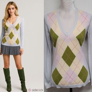 New York & Company 90s Vintage Pastel Argyle Plaid V-neck Long Sleeve Sweater XS